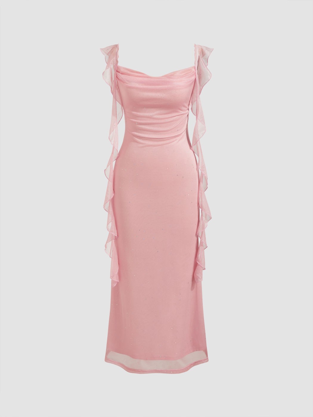 Cowl Neck Solid Glitter Ruffle Hem Maxi Dress