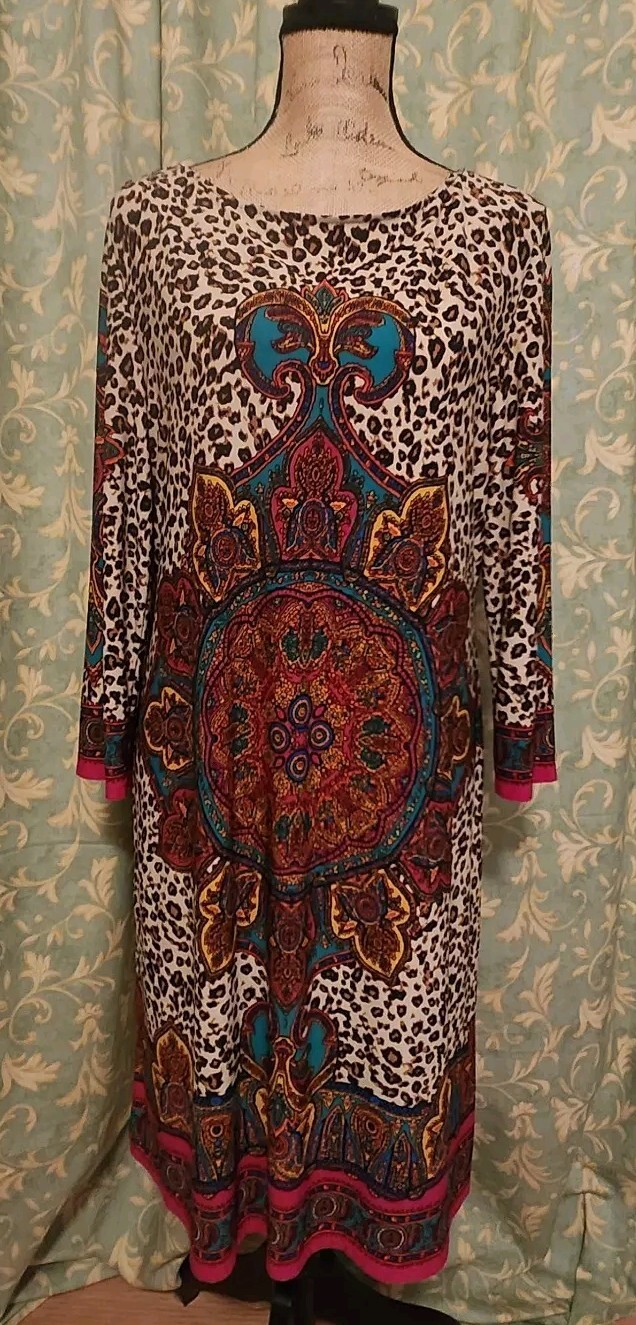 London Times Women’s 14 Colorful 3/4 Sleeve Boat Neck Shift Dress