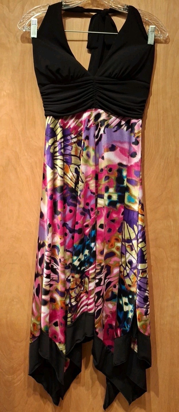 Y Studio S Halter Sun Dress Black Bodice Multicolor Skirt Handkerchief Hem