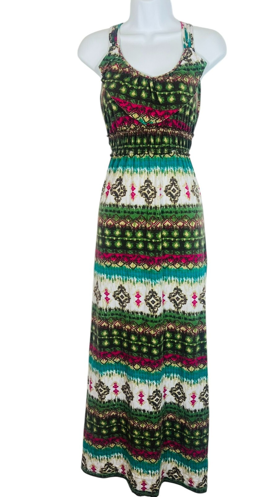 NO BOUNDERIES Women Maxi Dress LG Long Sleeveless Olive Combo Knit Stretchy