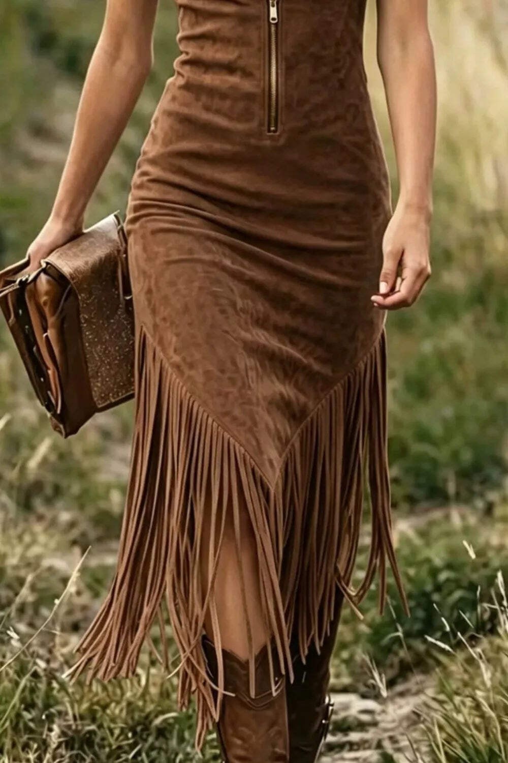 Fringe Zip Front Sleeveless Dress