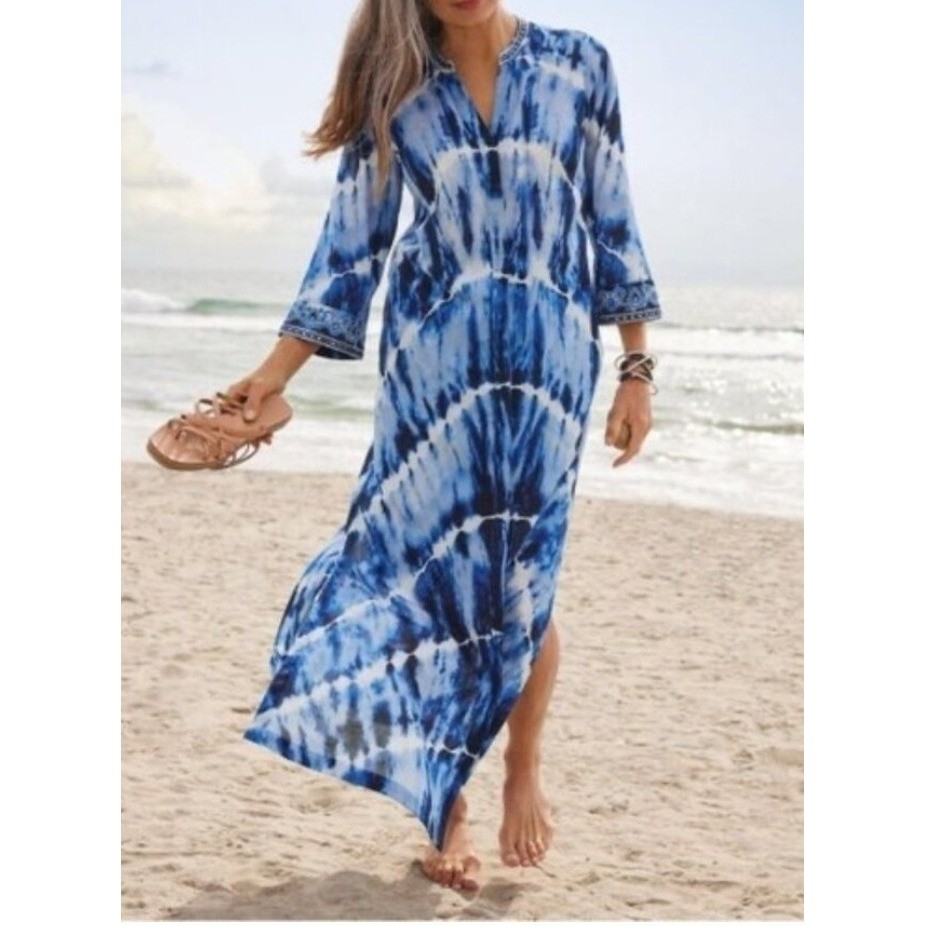 Soft Surroundings Tie Dye Embroidered Bead Long Sleeve Button Kaftan Maxi Sz M