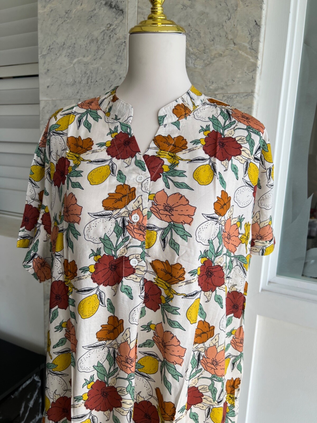 0001/ Three Buttons Mandarin Neck Dress, Lightweight, Homewear, Loose Dress