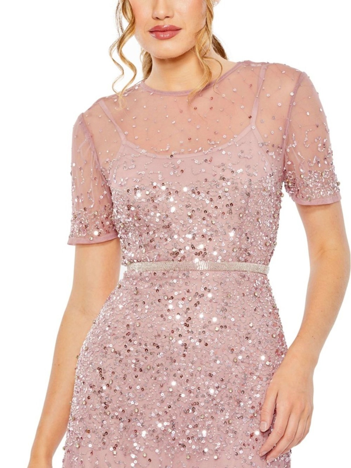 NEW MAC DUGGAL High Neck Short Sleeve Sequin Embellished Gown Sz: 18 #93909 $750