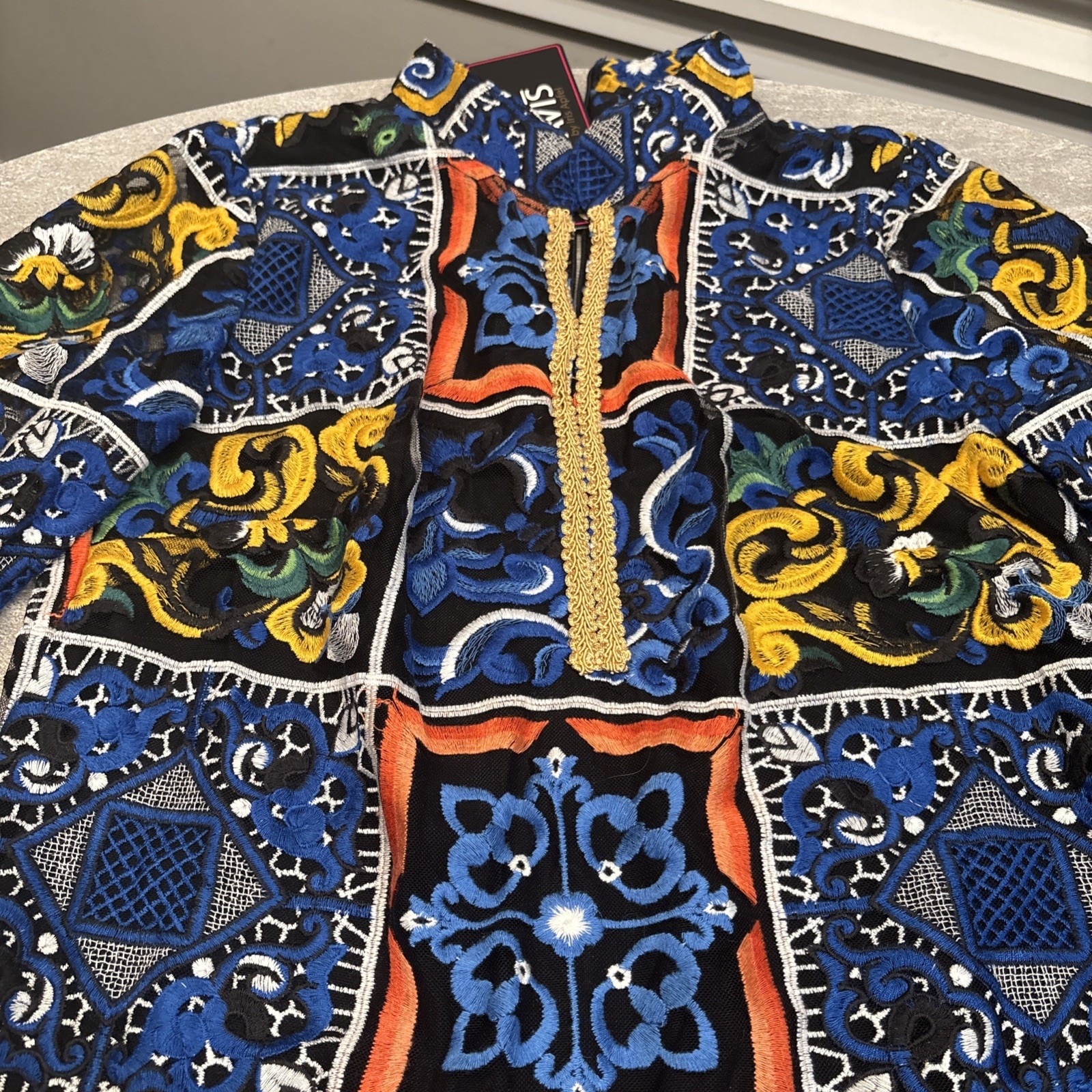 Rara Avis by Iris Apfel Kaftan Dress Maxi Embroidered Mesh Artsy Black Multi XS