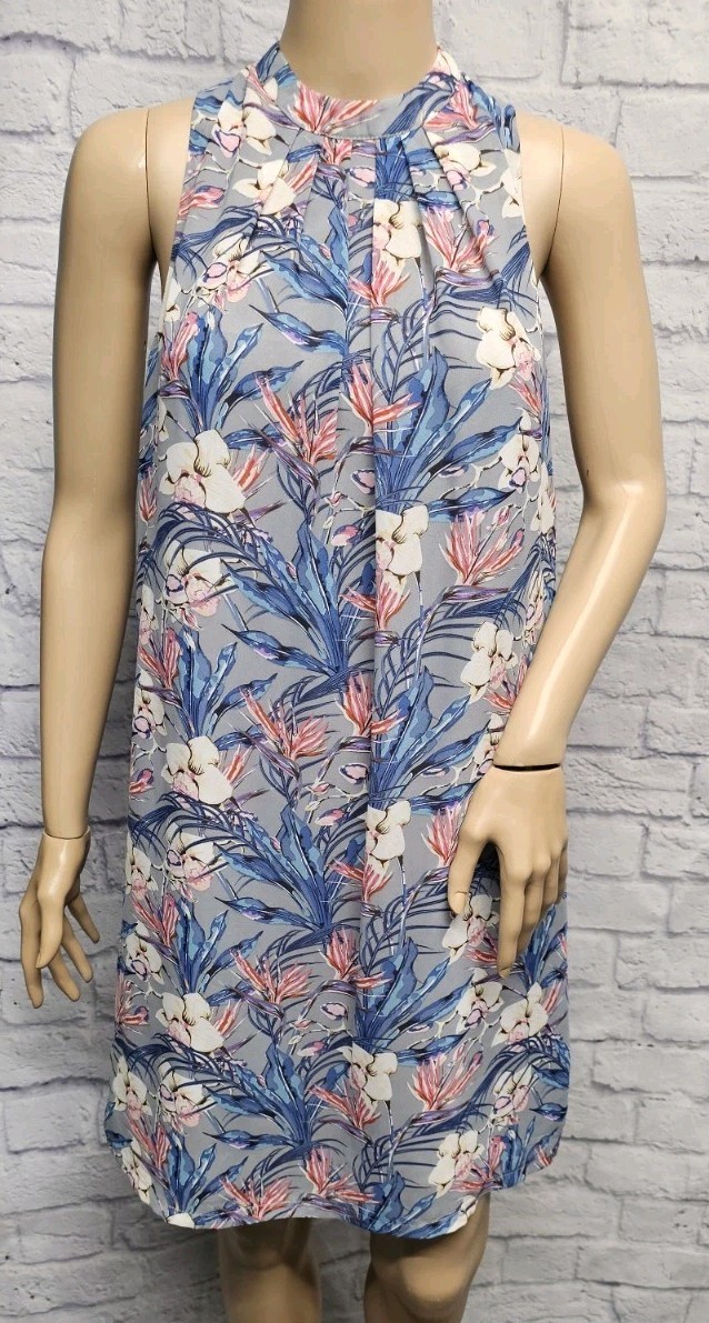ARYEH S GRAY BLUE PINK FLORAL CHIFFON PLEATED TIE BACK SHIFT SLEEVELESS DRESS