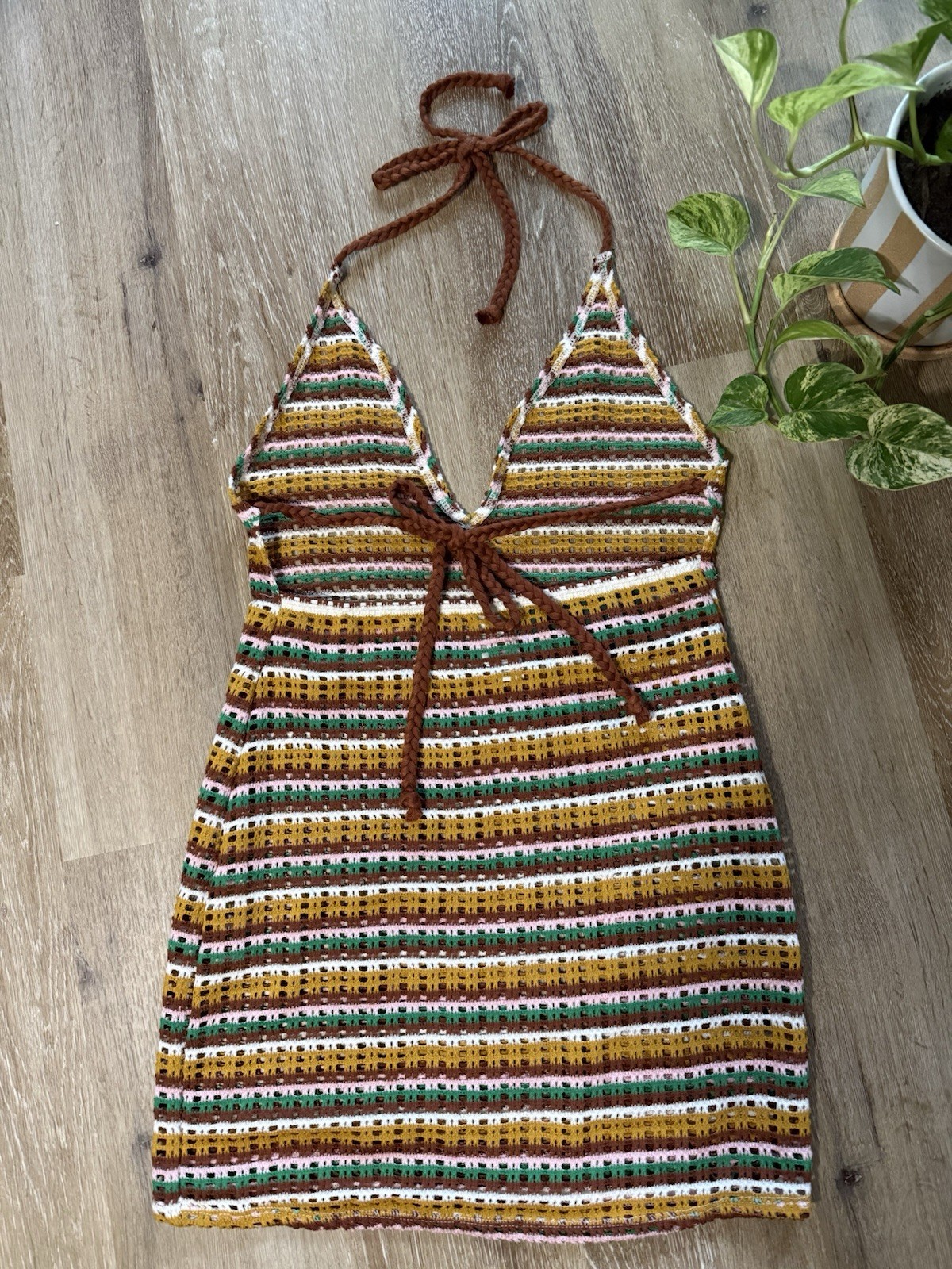 Wild Fable Striped Multicolor Knit Halter Tie-Back Womens Swimsuit Cover Size S