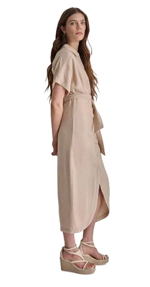 NWT DKNY Donna Karan Cotton Collared Button Belt Midi Shirt Dress Sz 14 Beige