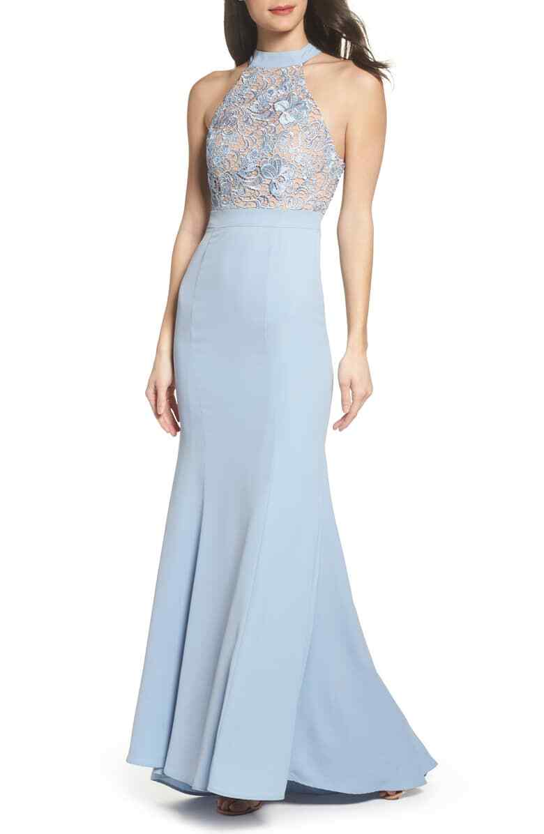 JARLO Baby Blue Nude Floral Guipure Lace Halter Trumpet Mermaid Maxi Gown 4 US