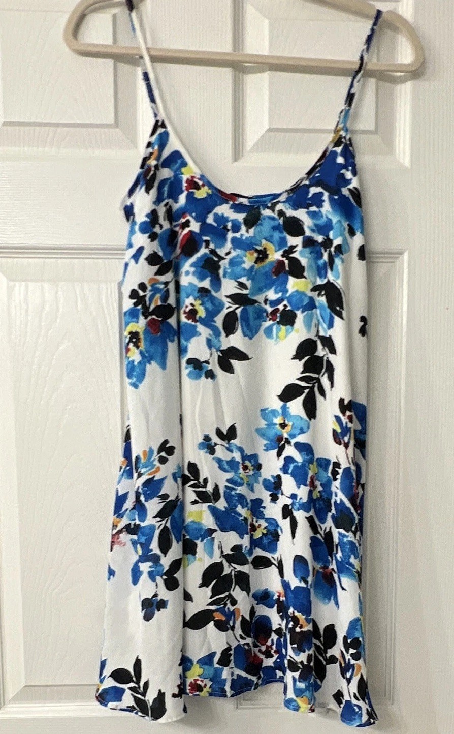 Aqua White/Blue Floral Slip Dress V-Neck Adjustable Spaghetti Straps Lined S