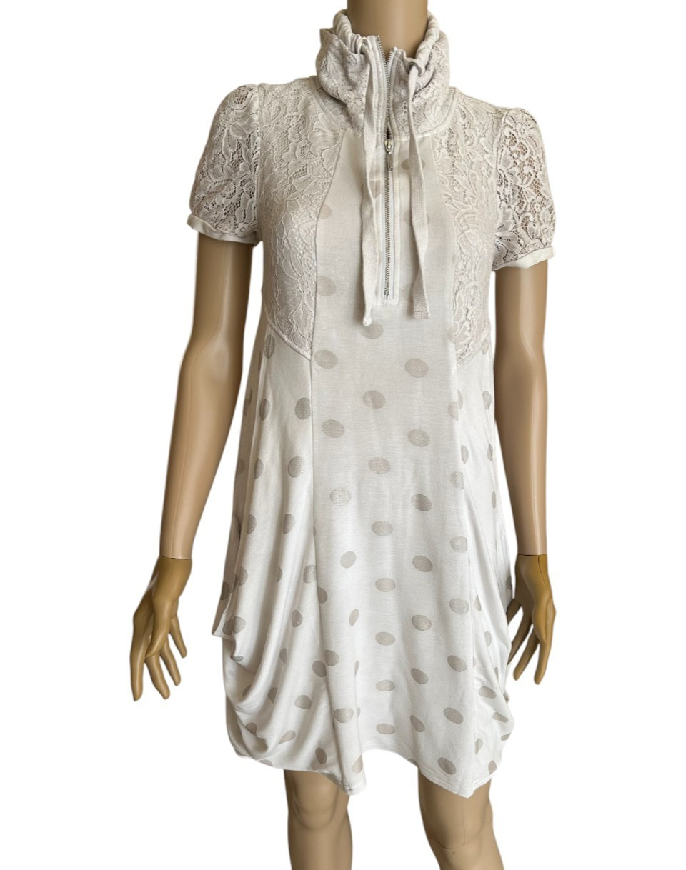 KENSIE WOMEN’S PRETTY LACE ZIP NECK POLKA DOT SILVER WHITE TUNIC DRESS 🌸