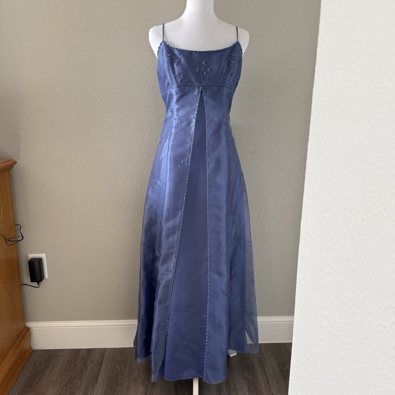 J.R. Nites by Caliendo Blue Beaded Satin Strappy Long Formal Gown 8P