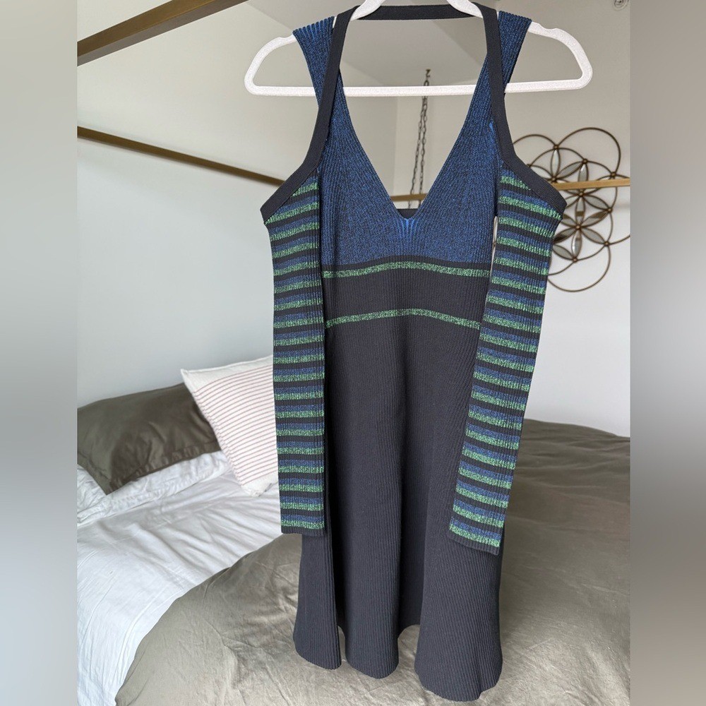 Opening Ceremony Ribbed Knit Dress Womens S Green Black Long Sleeve Fit & Flare