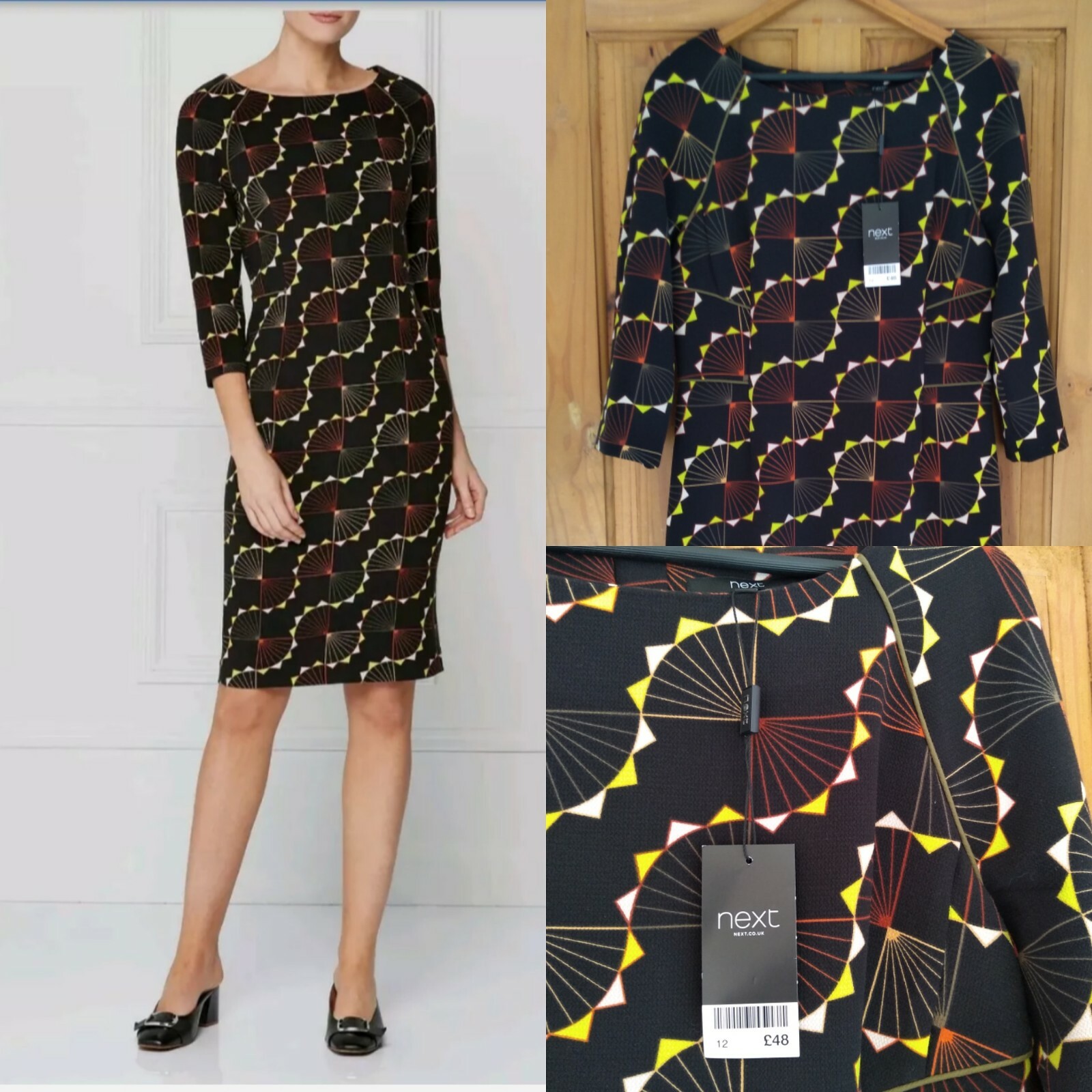 Next Black Multi Geometric Shift Dress. UK 12. Length 41 inches. BNWT