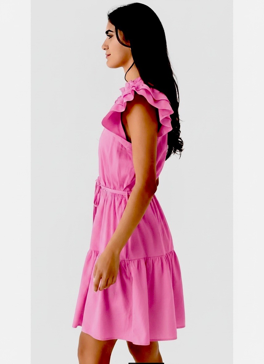 Stark X Austin Cotton Dress Flutter Sleeve Ruffle Collar Split VNeck Tie Waist