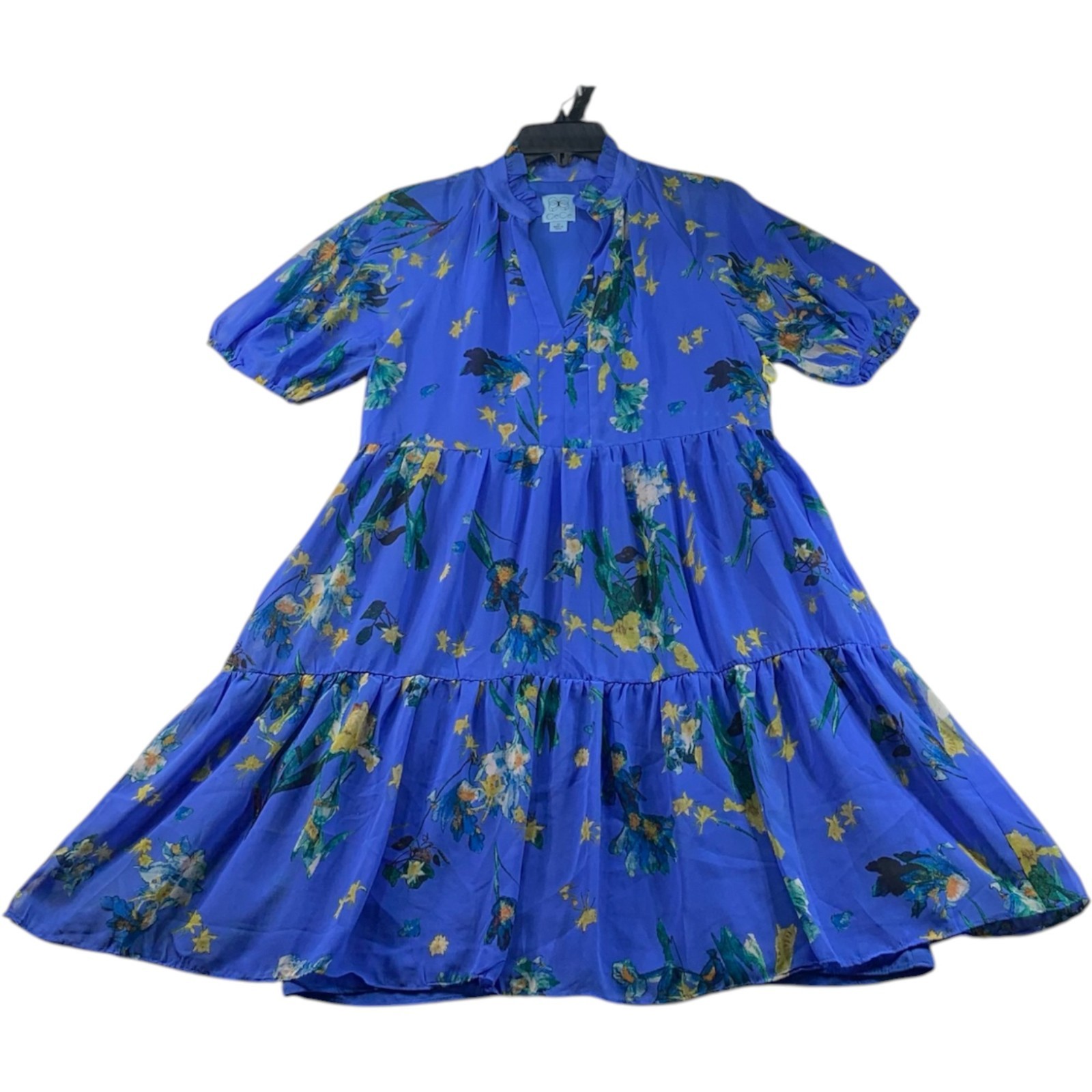 CeCe Dress Womens Size XS Blue Floral Ruffled Short Sleeve Vneck New