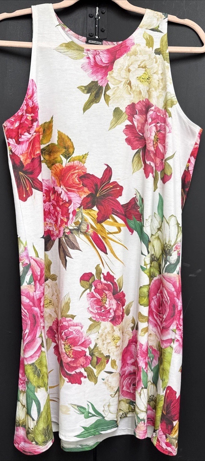 Promesa Floral Swing Dress M White Pink Stretch Mini Shift Made in USA Summer