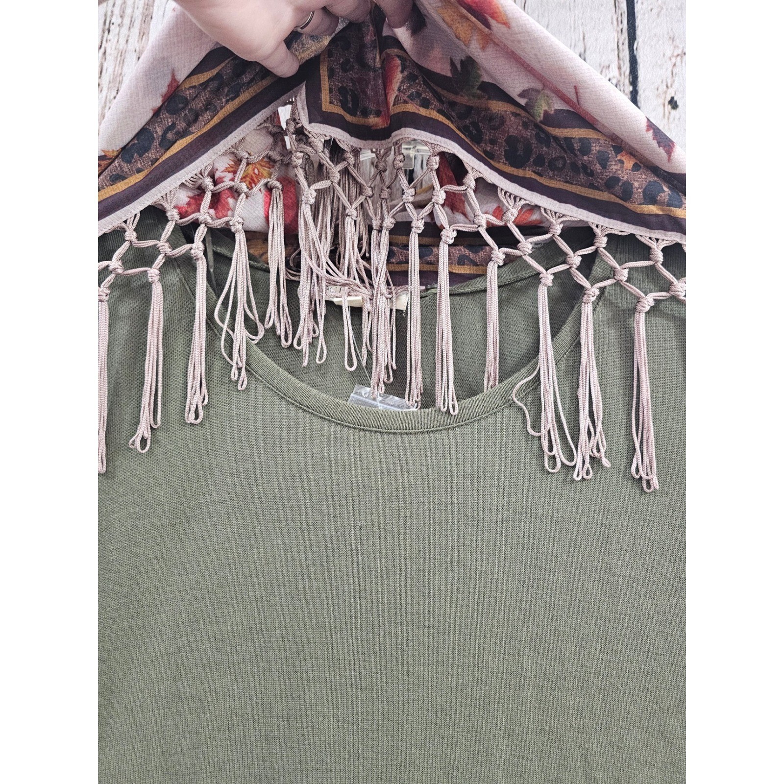 Cactus + Pearl Tunic Dress XL Olive Fall Autumn w Leaf Leopard Fringe Scarf New