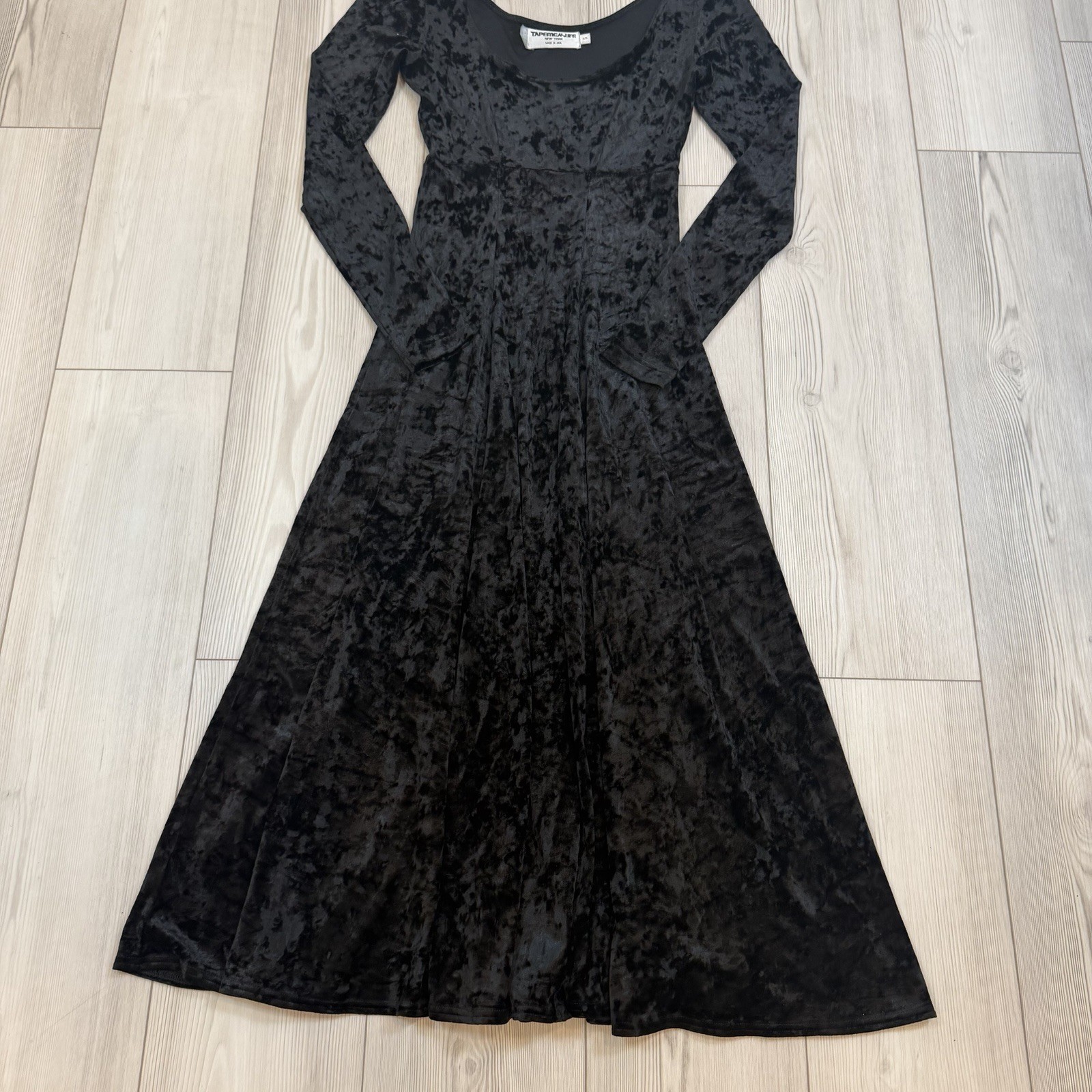 Vintage Tapemeasure Crushed Velvet Long Sleeve Dress Small Black Whimsical Goth
