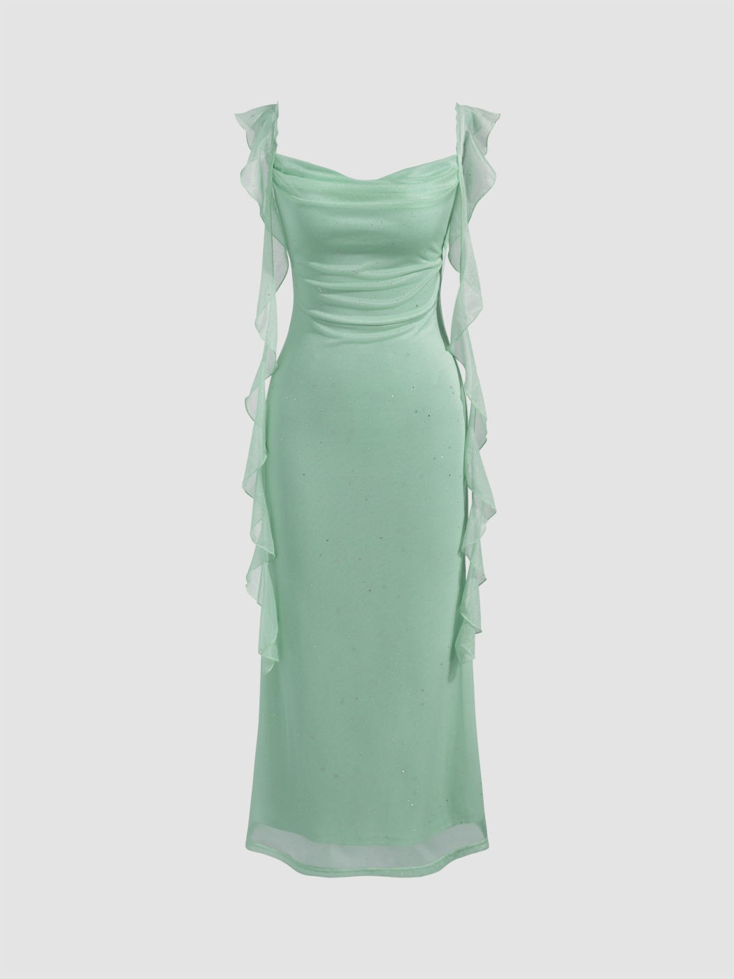 Cowl Neck Solid Glitter Ruffle Hem Maxi Dress