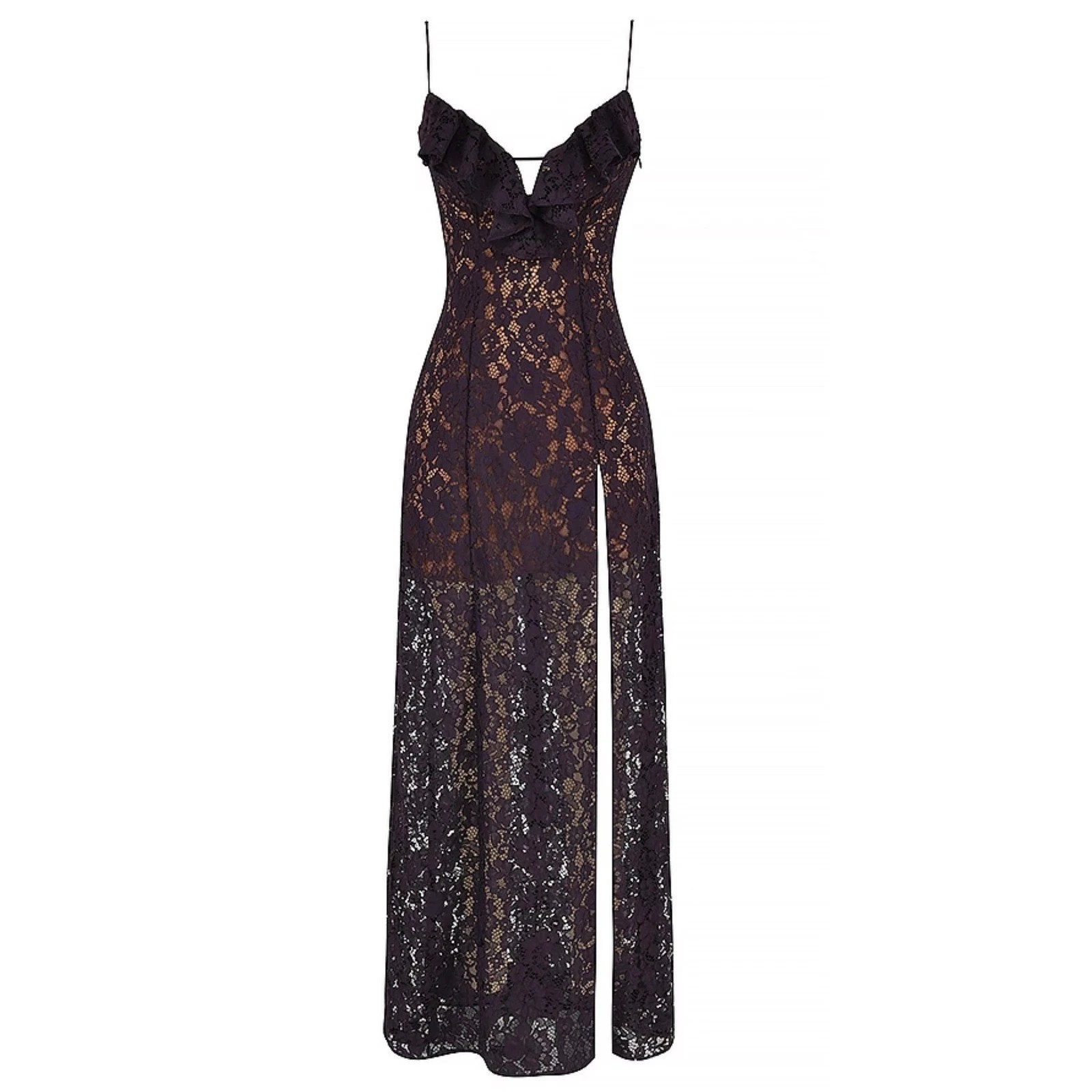 House of CB London MALIANIGHT Shade Lace Maxi Dress Plum Ruffle Slit Formal S