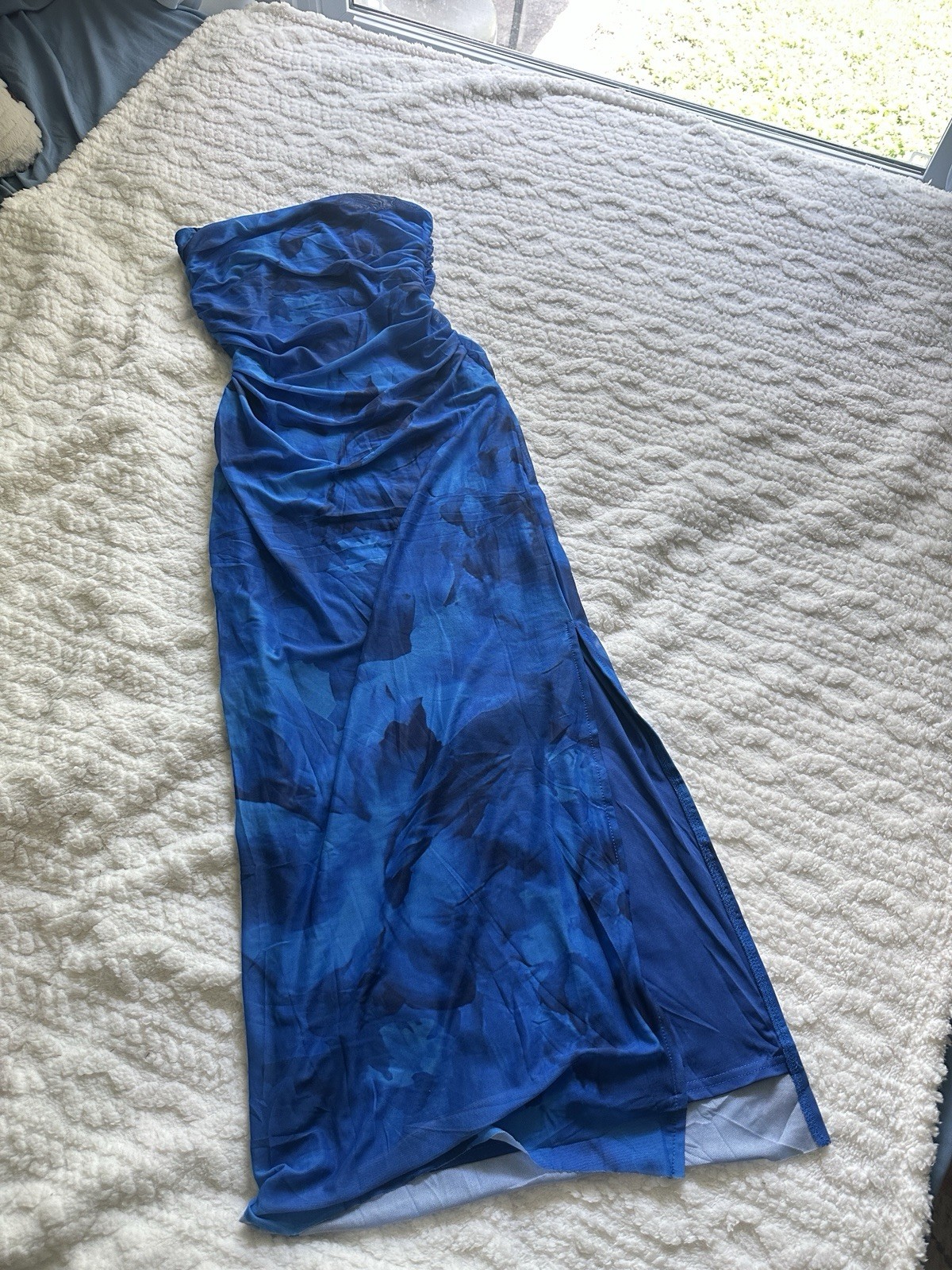 Women’s Summer blue Strapless Dresses Maxi Bodycon Floral Beach slit dress