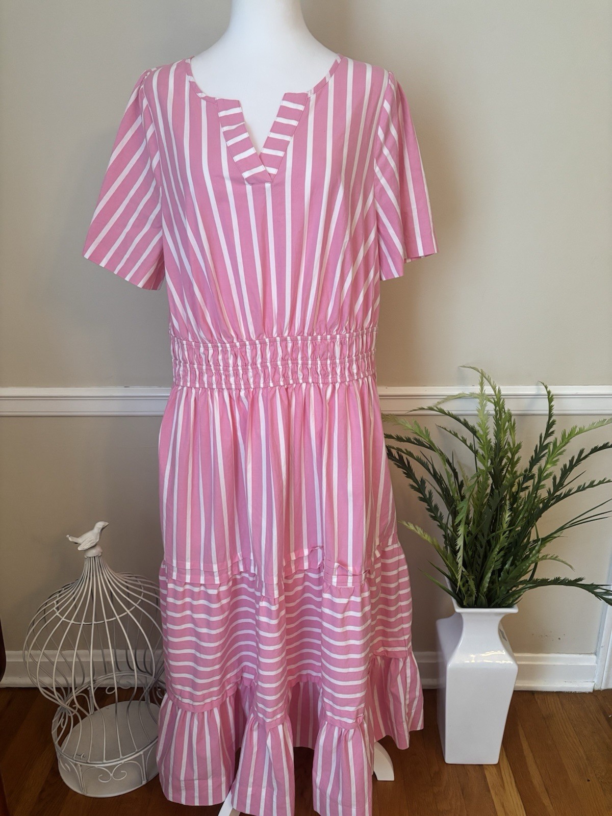 Isaac Mizrahi Live! Womens Size Large Maxi Dress Pink White Stripe Short Sleeve