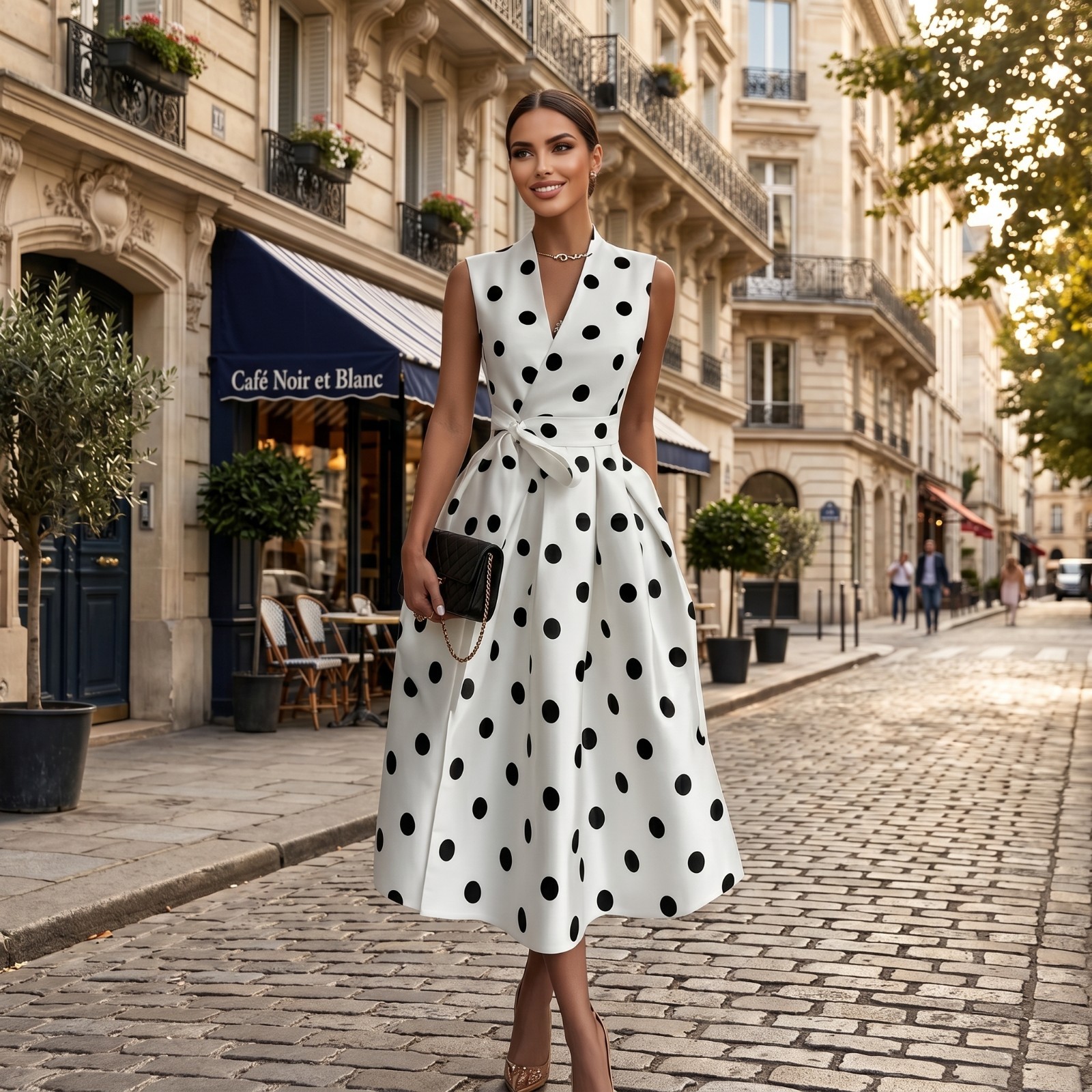 Polka Dot Midi Dress Elegant V Neck Sleeveless A Line Retro Cocktail Party Gift