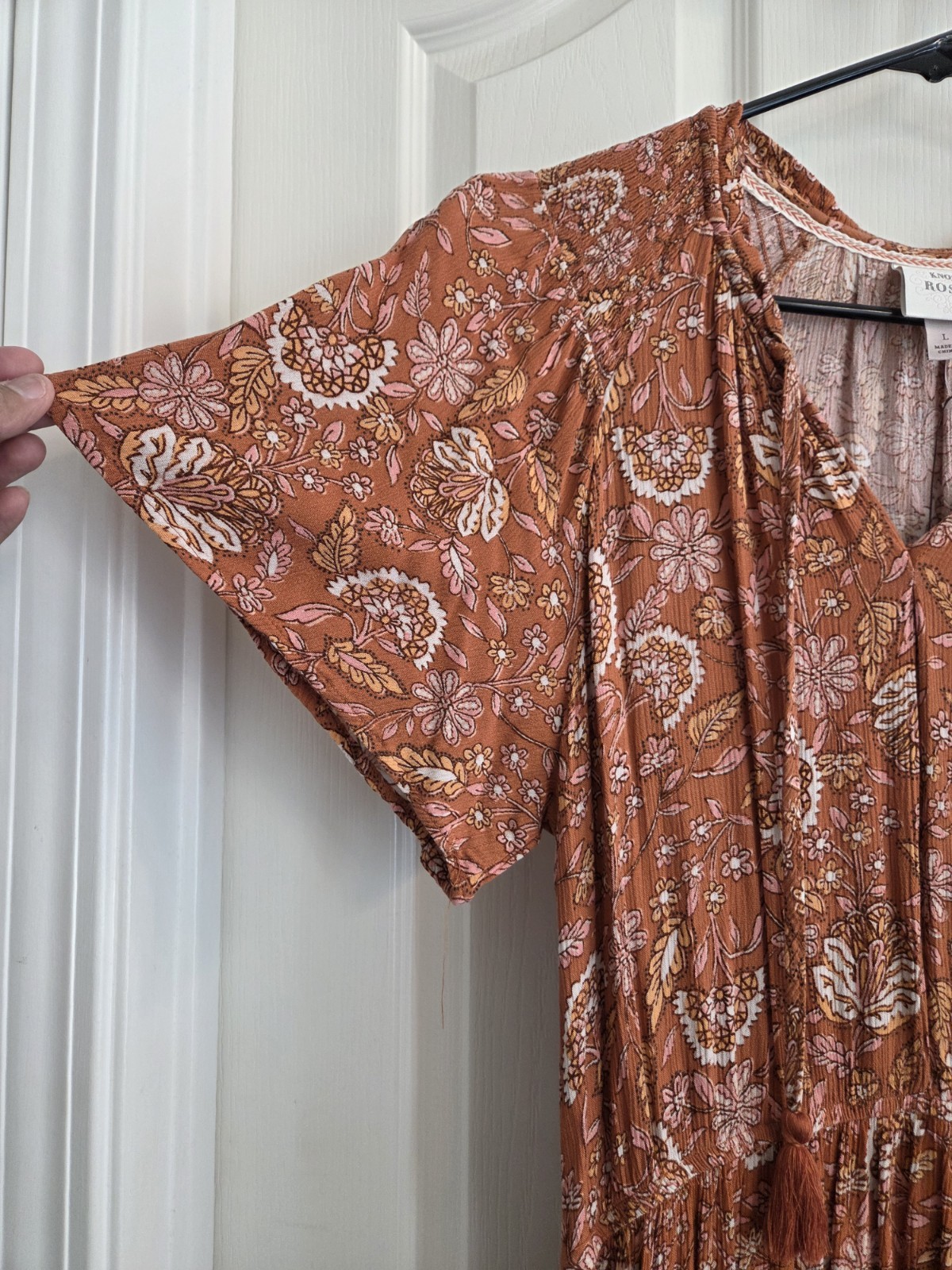 Knox Rose Dress Womens L Orange Rust Flutter Short Sleeve Tier Maxi Floral Boho