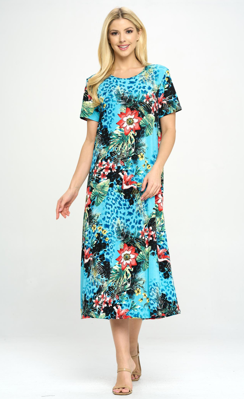 JOSTAR Slinky LONG DRESS Poly Spandex Turquoise Red FLORAL S M L XL 2X 3X