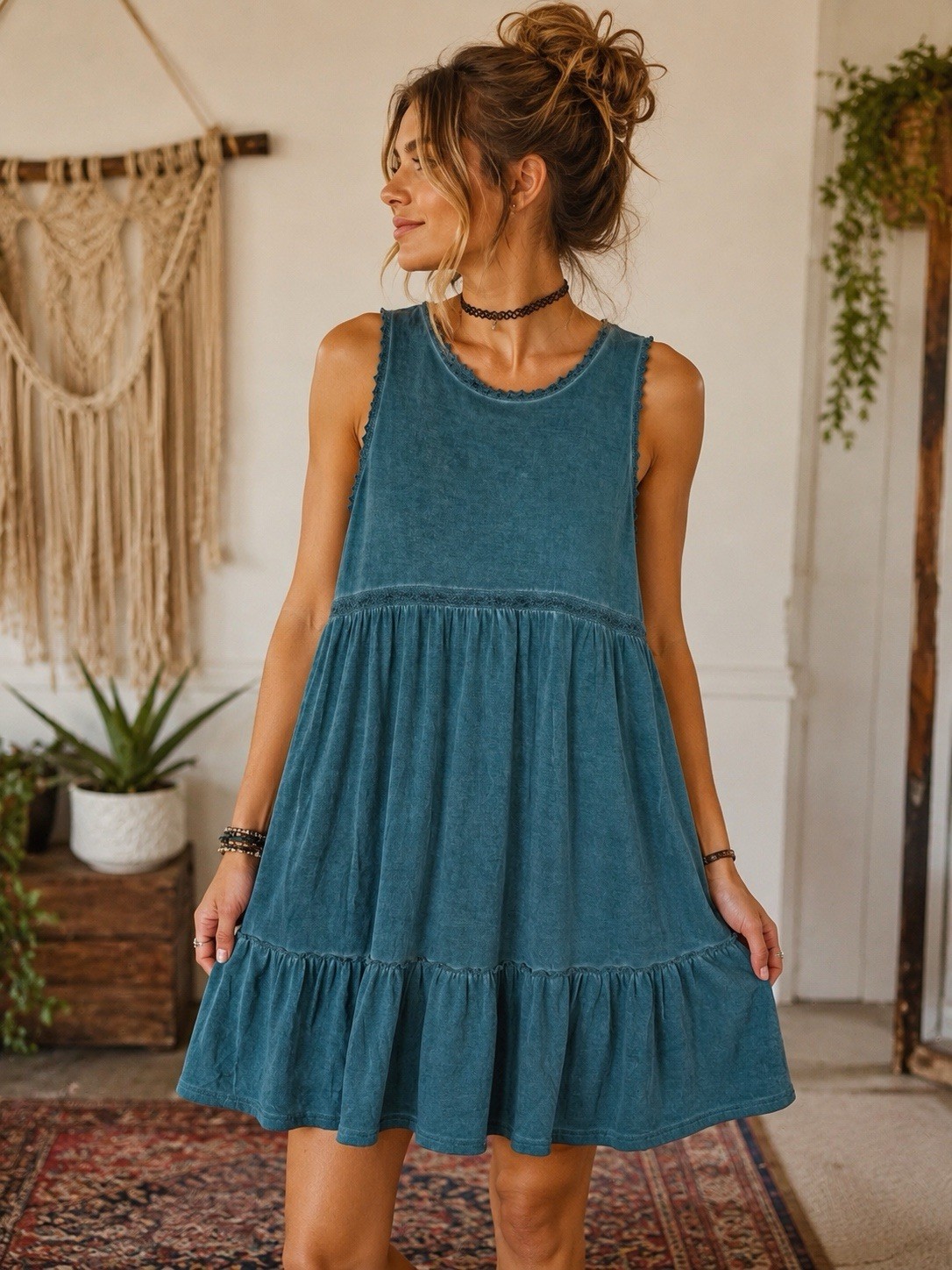 Umgee USA Teal Mineral Wash Babydoll Dress S Crochet Lace Up Back Boho Festival