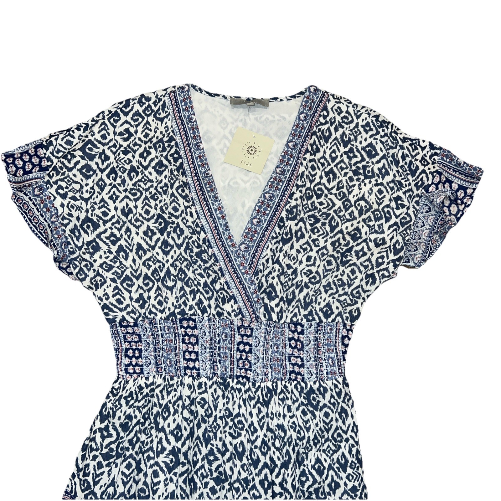 J Gee Navy Blue/White Boho Multi Teared Flutter Short Sleeve Gauzy Peasant Dress