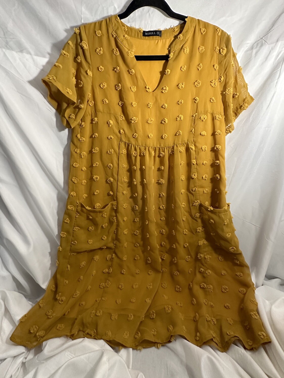 MIHOLL Swiss Dot Baby Doll Dress Mustard Yellow Woman’s S Swingy Flowy Summer