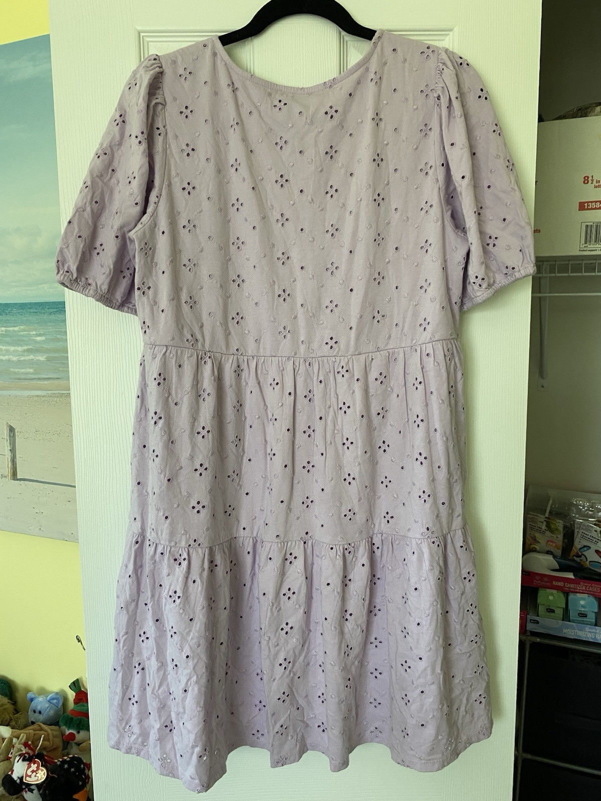 NWT LOFT Lavender Eyelet Puff Sleeve Button Tiered Swing Dress Size Medium