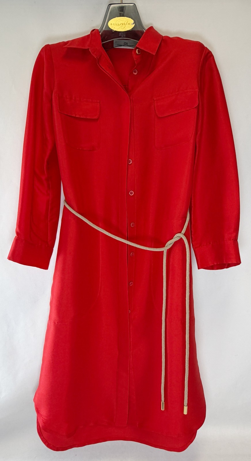 NWOT CAROLINE HERRERA Red Silk Button Up Dress Pocket Rope Belt Bend Collar 4 S