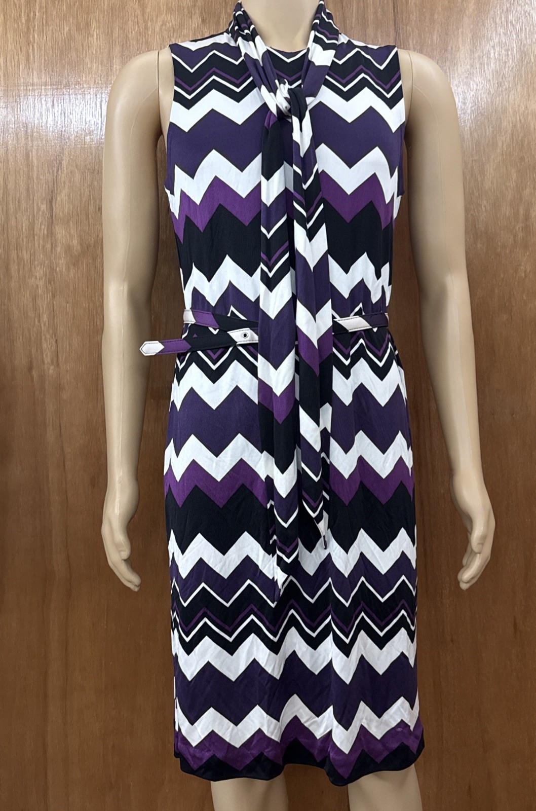 Tory Burch XL 100% Silk Sleeveless Purple Geometric Dress with Bow and Belt