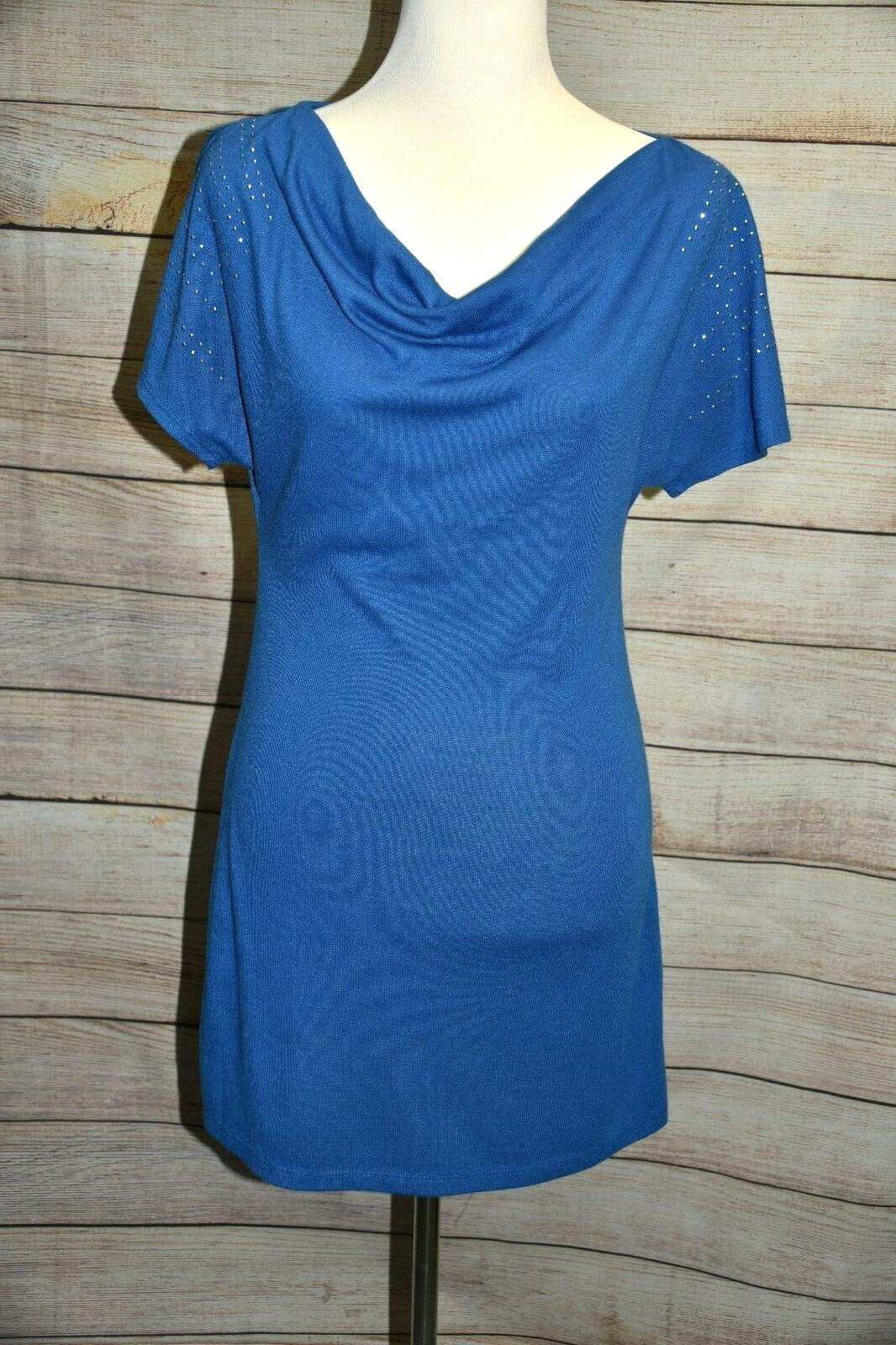 L8TER S M ROYAL BLUE SCOOP DRAPE NECK SILVER STUD SHIRT TUNIC TOP / DRESS