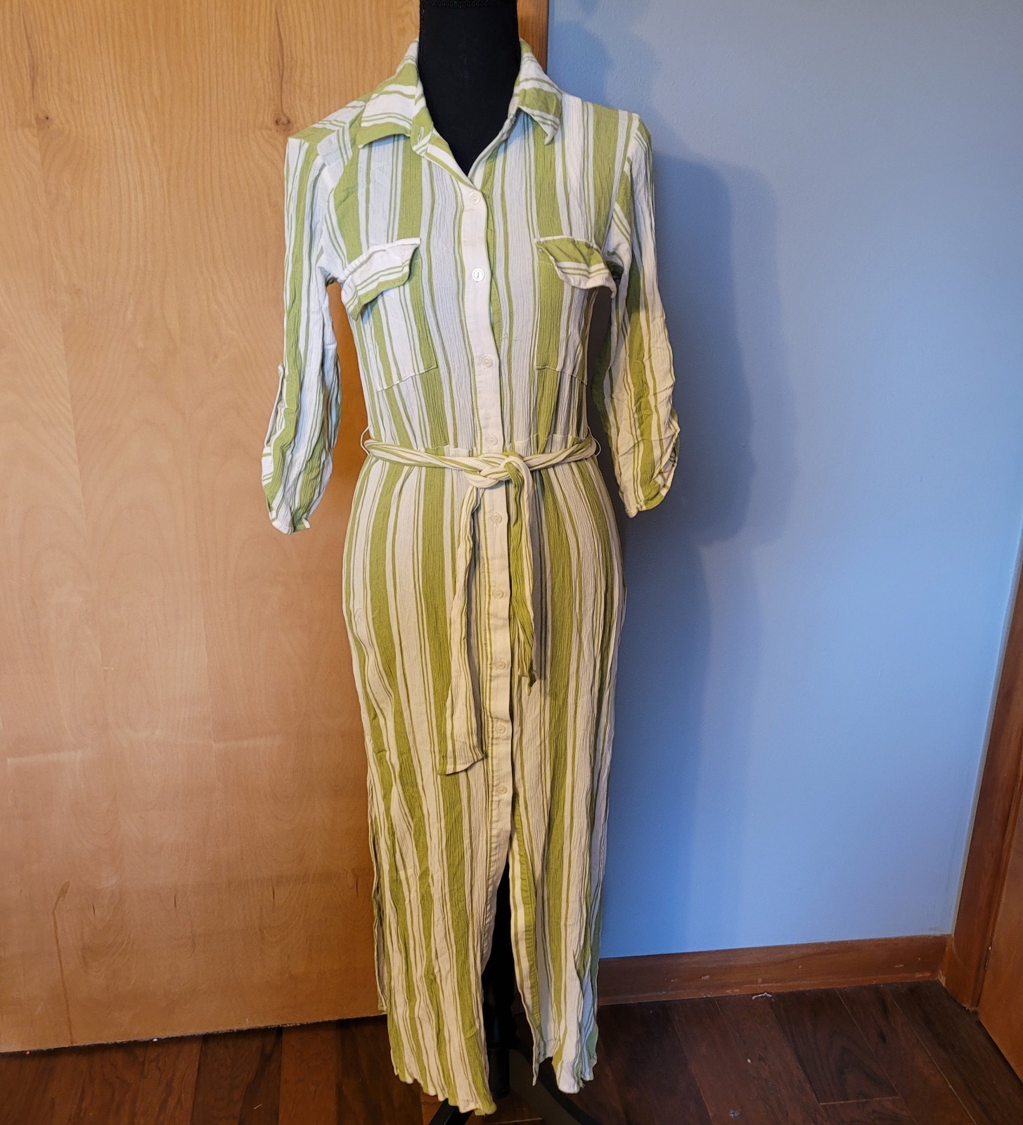 NWT Lush Shirt Dress Womens S Lime Cream Striped Maxi Button Up Collared Belted