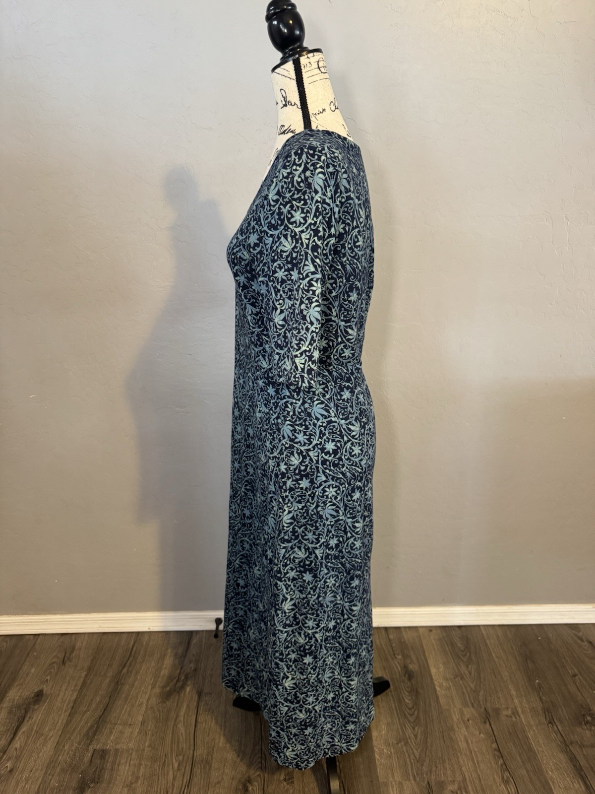 Peruvian Connection Blue Scroll Print Cotton Lycra Midi Dress Size M Stretch