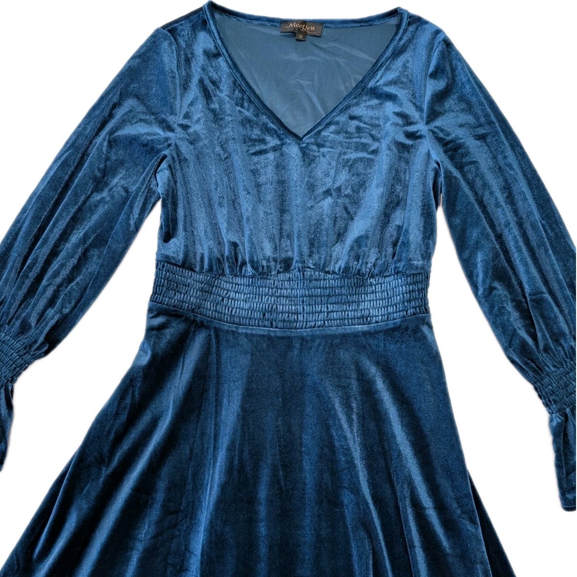 Womens Peacock Blue Velvet Elastic Smocked Waist V-neck Midi Party Dress Size M