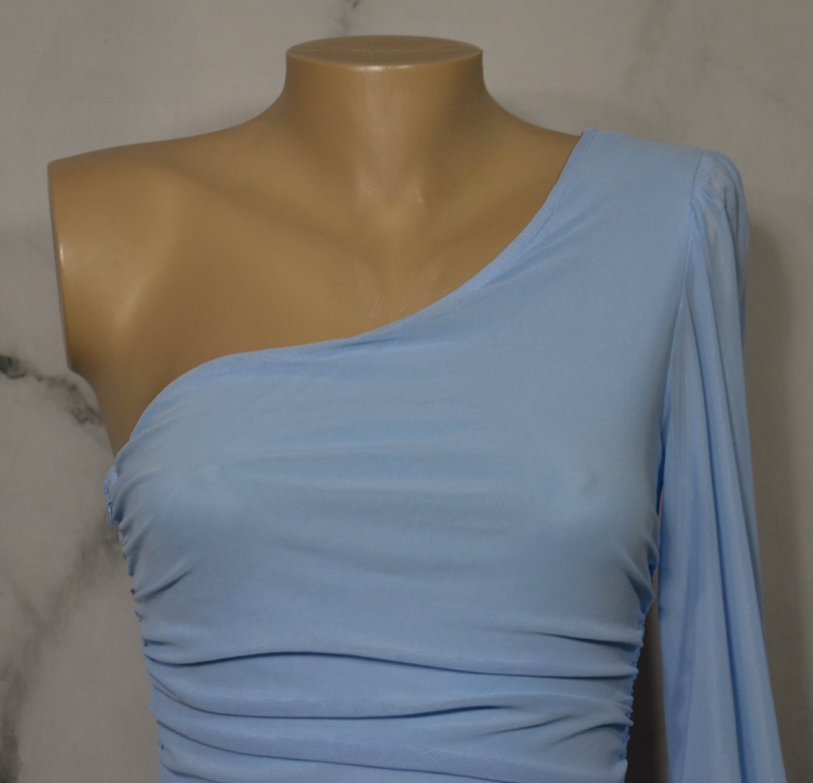 SHEIN Light Blue One Shoulder Long Sheer Sleeve Ruched Dress Small Lined