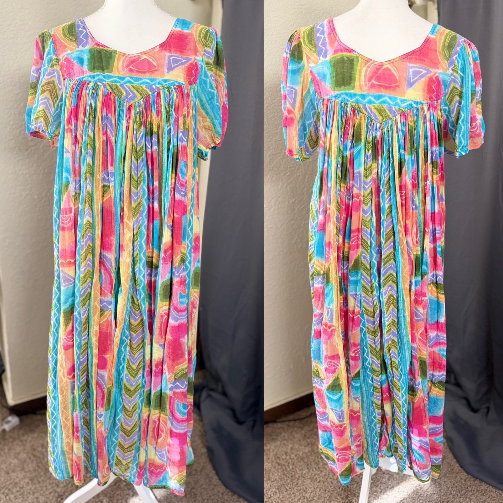 Sita Nepal Cotton Maxi Dress Small Multi Color Abstract Geometric Boho Crinkle