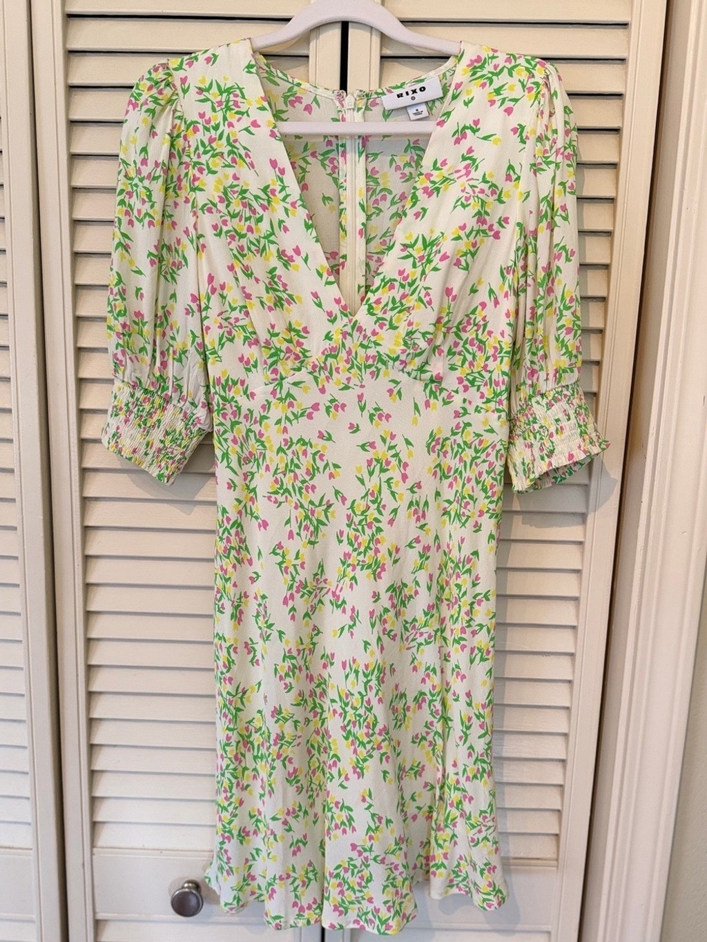 RIXO for Target Floral Puff Sleeve Mini Dress Cream Green Pink Size 0