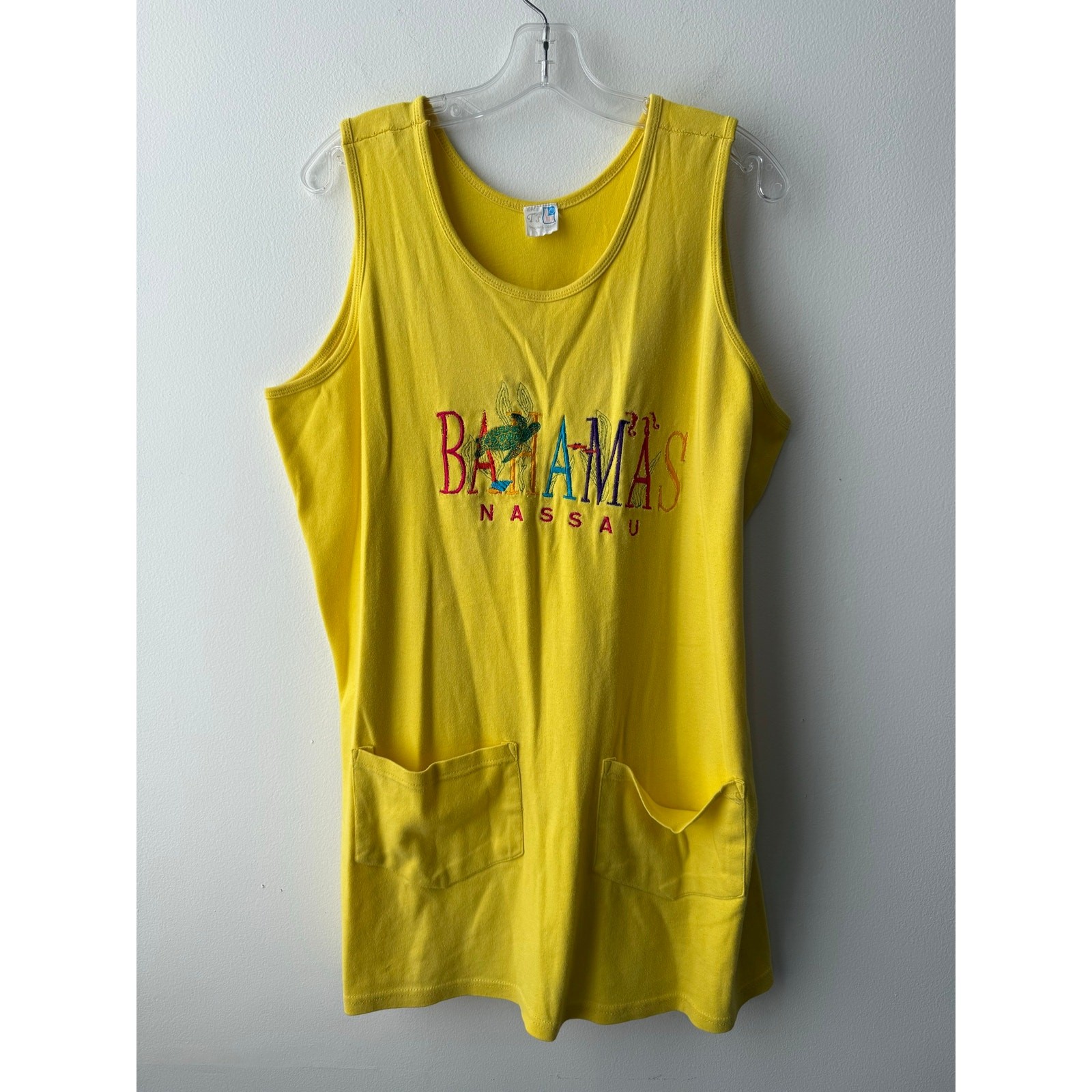 Vtg 90s Embroidered Yellow Oversized Tank Top Shirt Dress Beach Coverup Turtle L