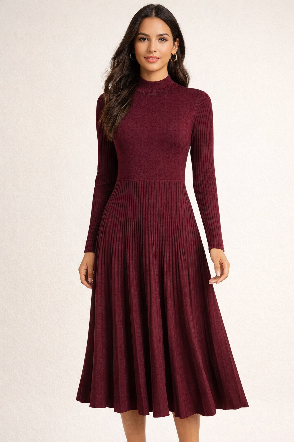 Sandra Darren Sweater Dress – Burgundy Mock Neck A-Line Midi Pleated Skirt – M