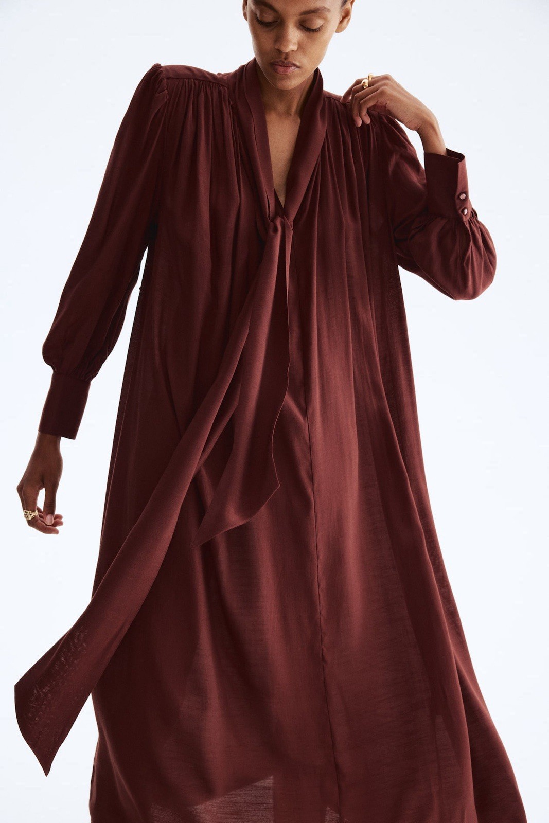 H&M Burgundy Solid V-Neck Long Sleeve Tie Neck Bow Shirt long Dress S