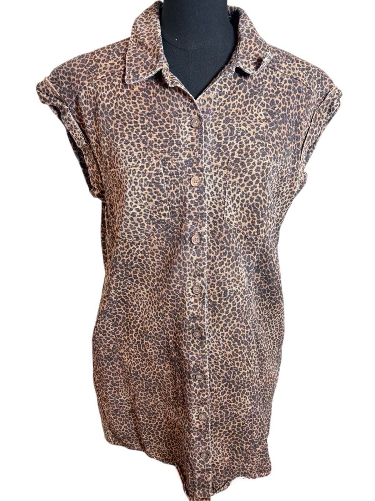 She + Sky Women’s Leopard Print Button Down Shirt Dress Size M Brown