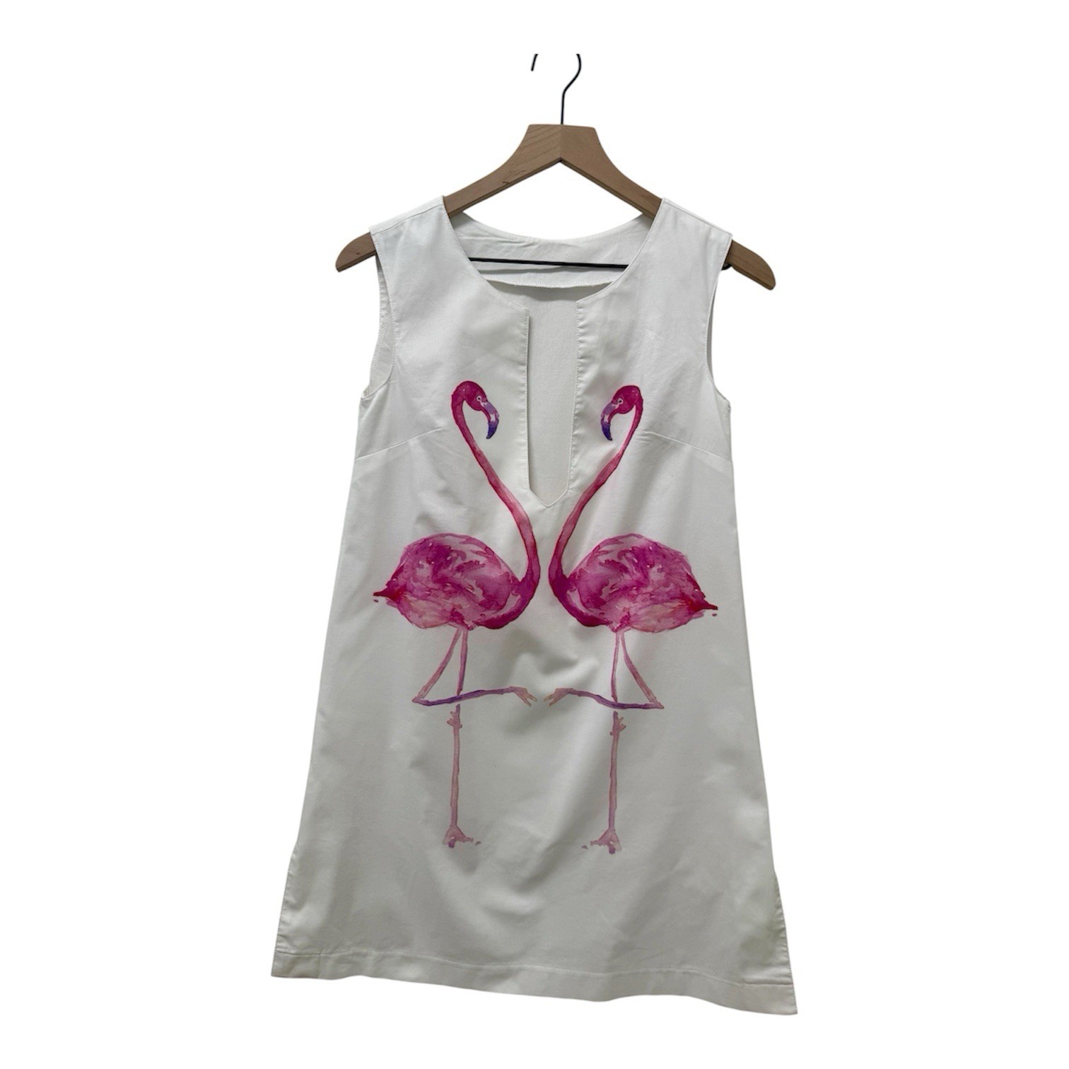 White Sleeveless Summer Shift Dress with Pink Flamingos Size XS