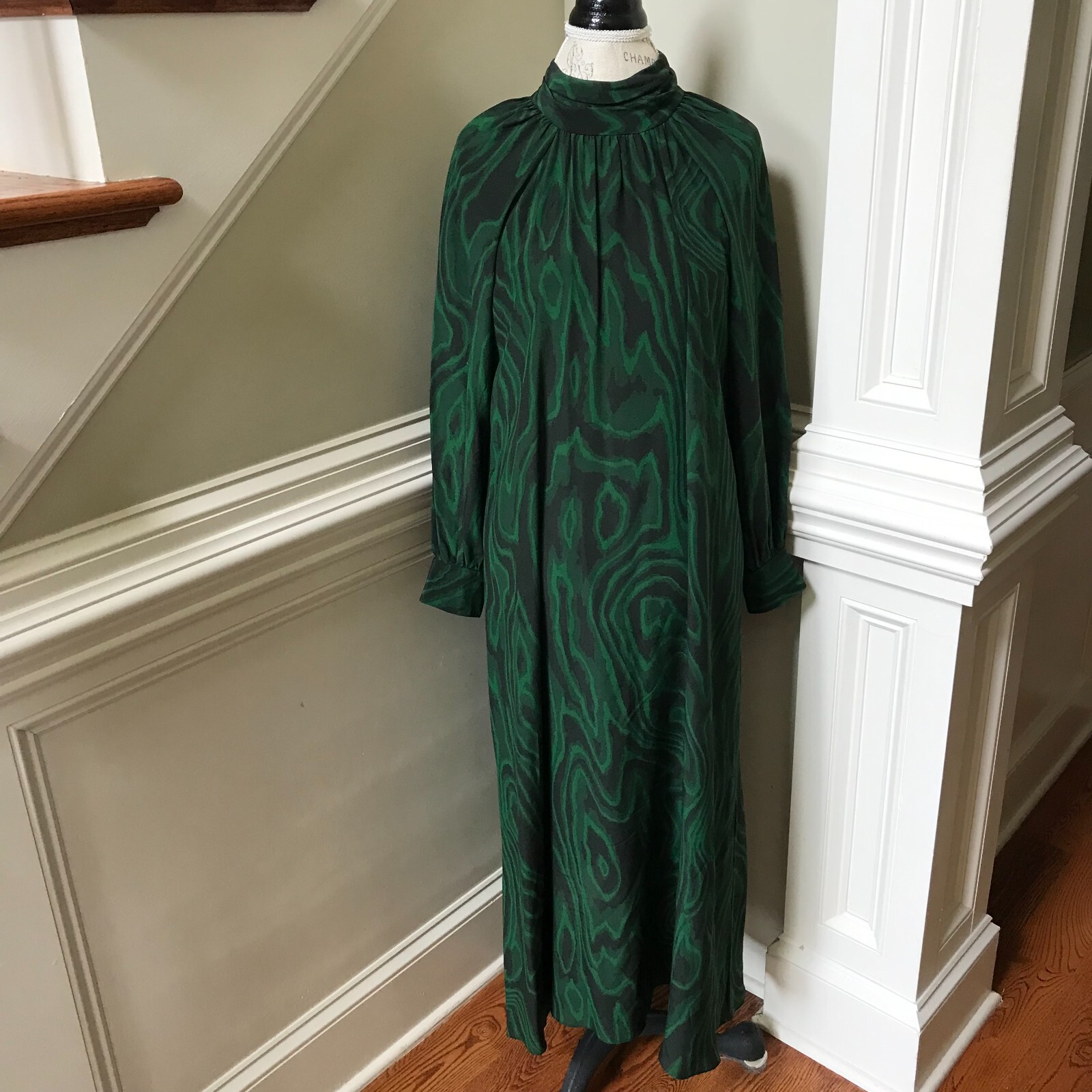 WHiT Anslem Shift Midi Dress Womens P XS Emerald Green Black Long Sleeve Silk