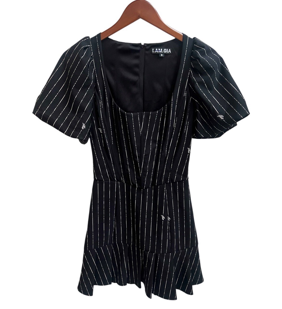 I.AM.GIA Chelsey Dress Sz S Mini Black Pinstripe Boning Corset Monogram Puff Slv